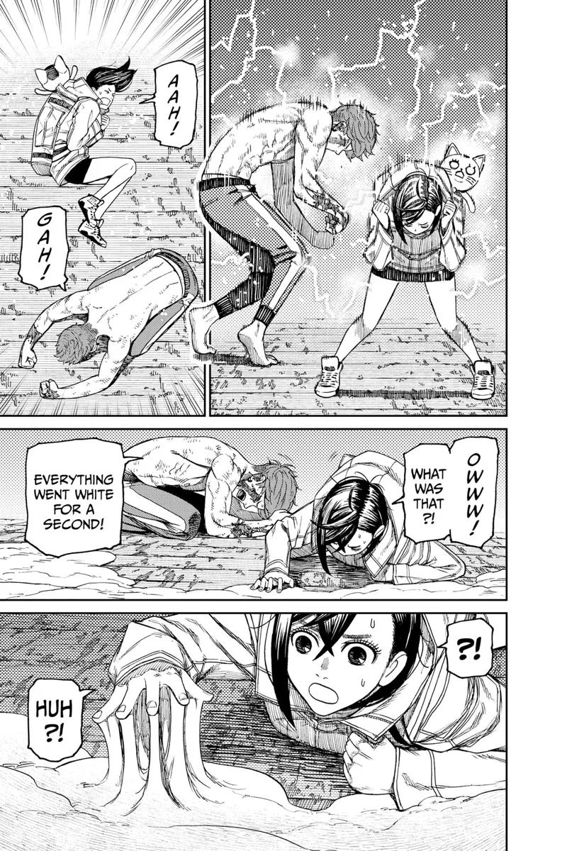 Momo, Jiji, and Turbo Granny fall to the ground after being struck by lightning. Momo notices a sticky ground.