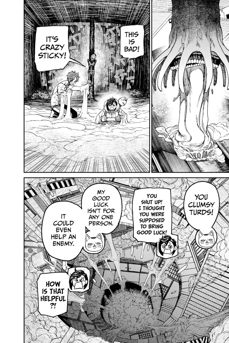 The Kuragari starts pouring its sticky substance below where Momo, Jiji, and Turbo Granny are.