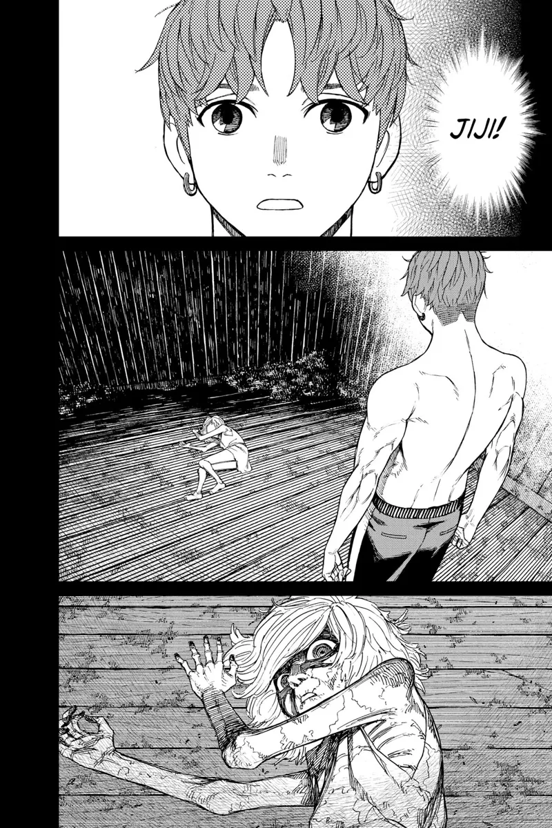 Jiji imagines seeing the skinny boy on the floor inside the prison.