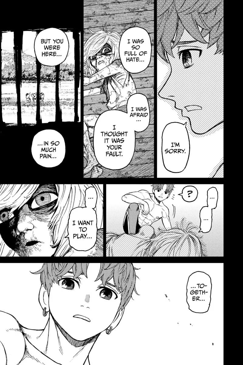 Jiji apologizes to the skinny boy for blaming him for everything. The boy says he wants to play.