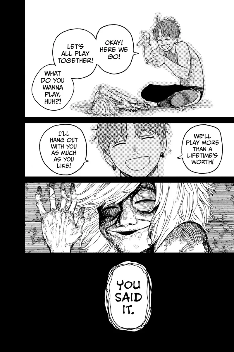 Jiji sits near the boy, gets excited, and tells him he will play with him. The boy makes a creepy smile.