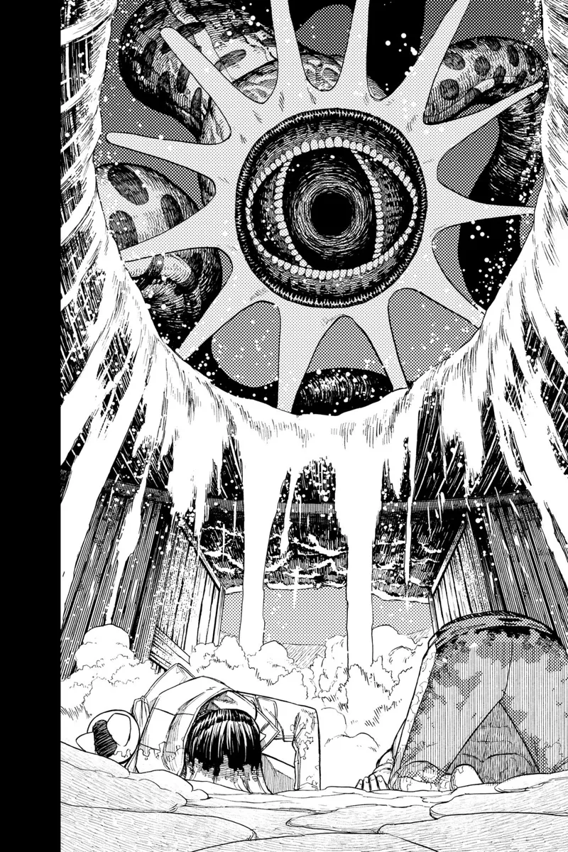 Momo, Turbo Granny, and Jiji are down as the Kuragari monster opens its mouth above them, ready to devour.