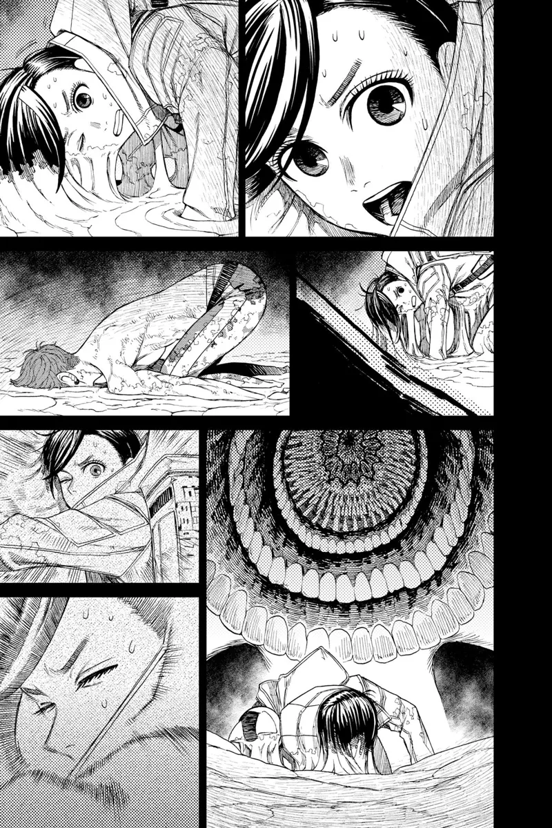 Momo tries to get up, but the ground is sticky. The Kuragari monster starts devouring them whole with its teeth near Momo.