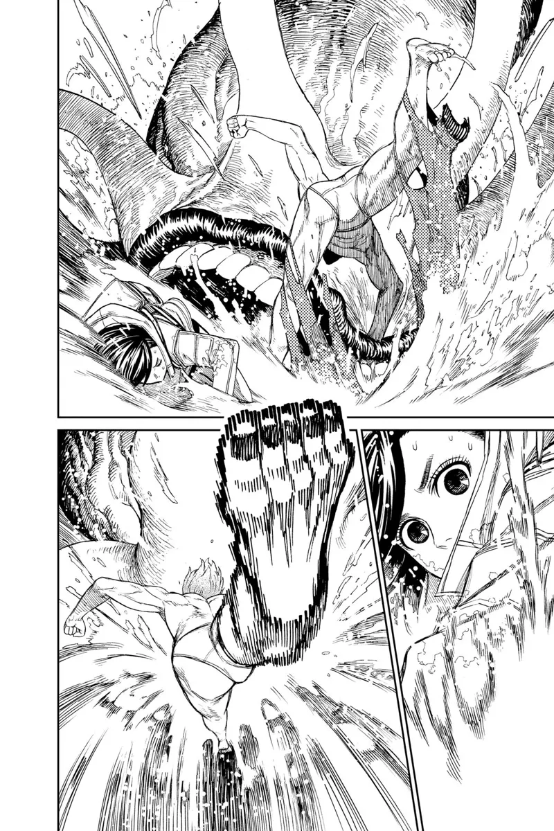 Momo watches as Jiji pins the Kuragari and prepares a powerful kick.