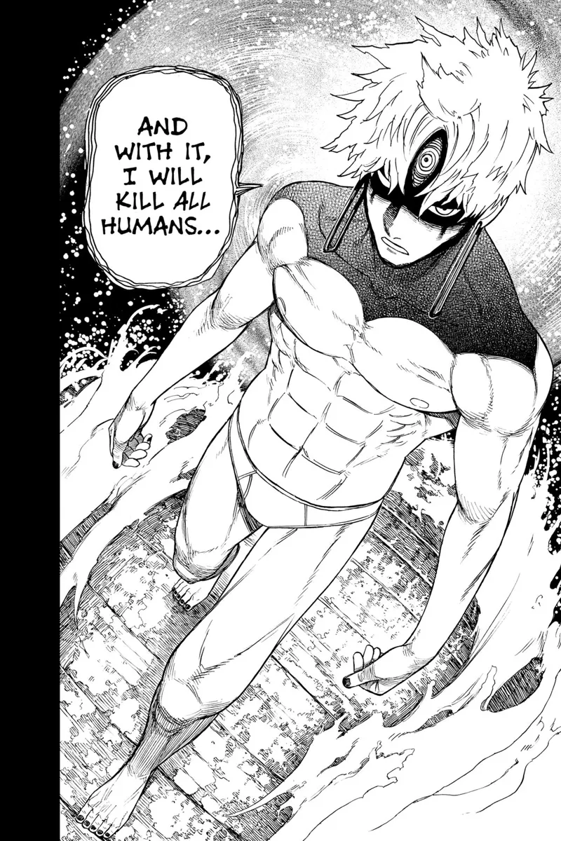 Jiji is only wearing underwear and now has a third eye. He plans to defeat all humans.