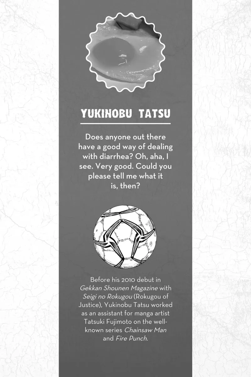 A soccer ball and some background information about the Dandadan creator, Yukinobu Tatsu.
