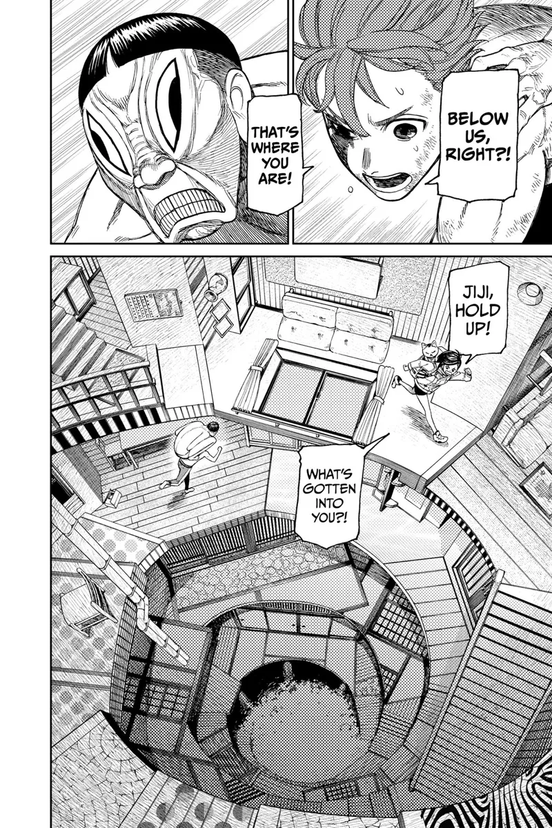Jiji asks the Evil Eye about his location, which is below them. They run underground.