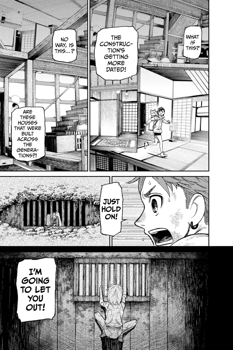 Momo enters the house underneath and notices its dated style. Jiji recalls the boy imprisoned, and he goes there.