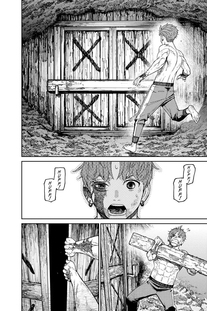 Jiji arrives at an old wooden door with four X-marks. He takes out the locking bar and opens it.