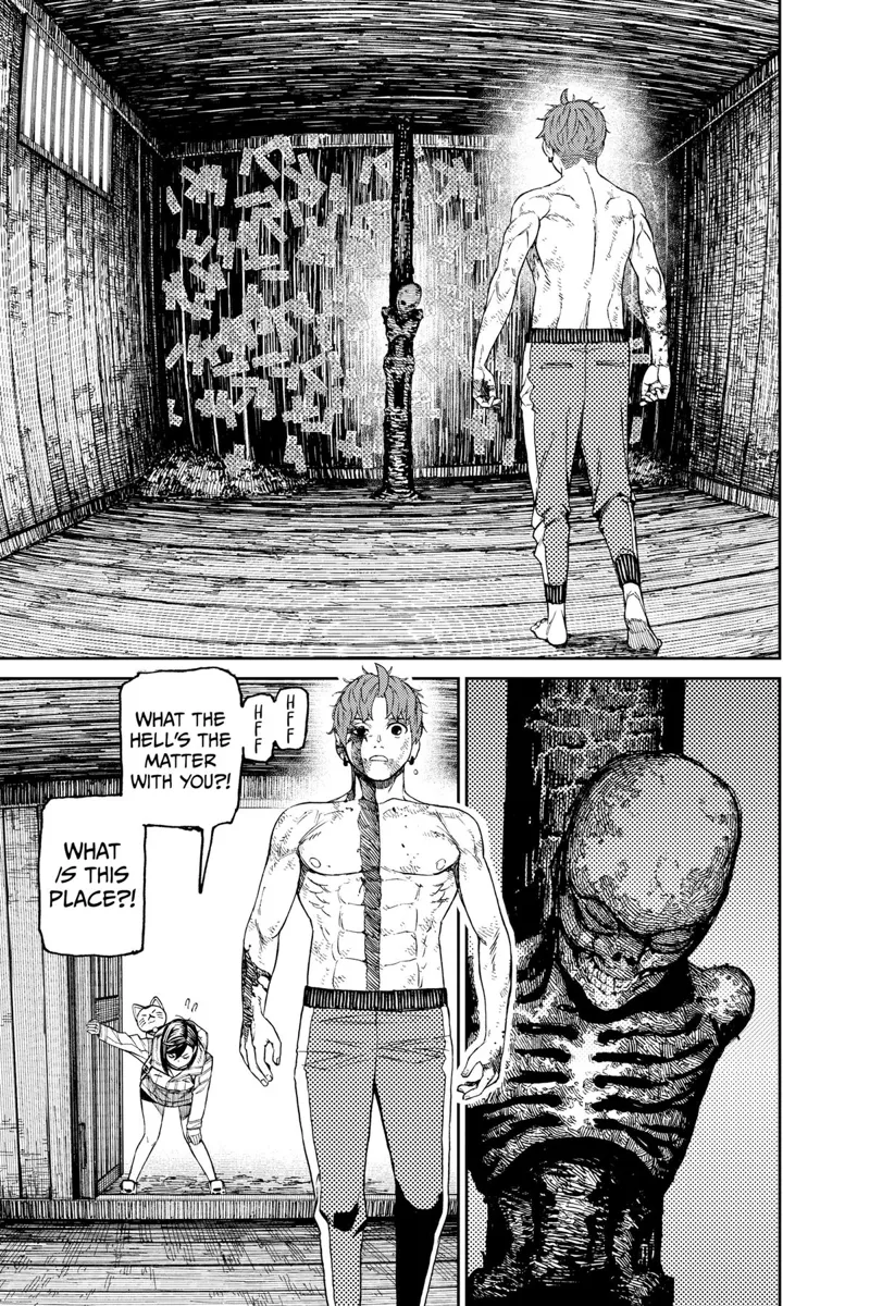 Jiji enters the prison and sees a skeleton tied to a pole. Momo arrives, gasping for air.