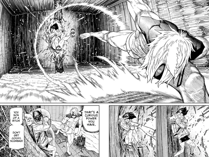 Possessed Jiji hits Momo with a very powerful kick. Momo smashes the wooden wall behind her. Jiji follows another kick.