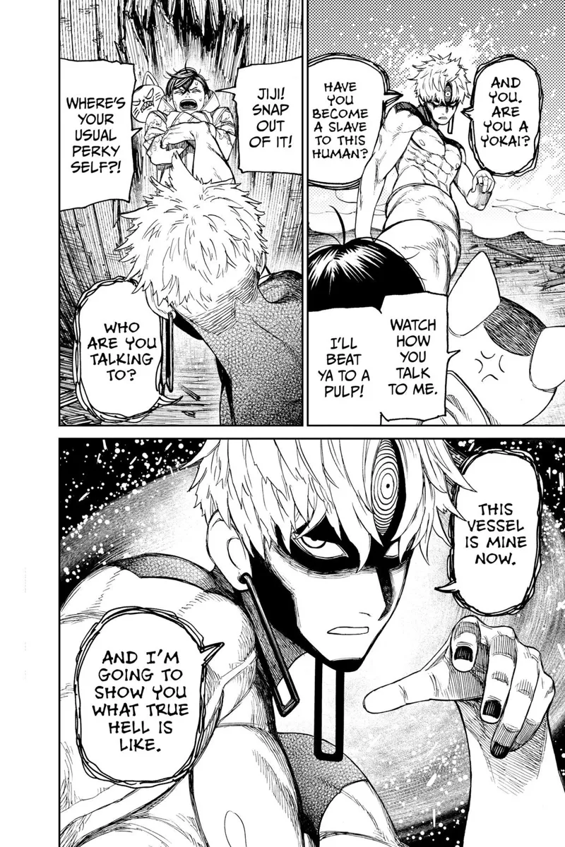 Possessed Jiji pins Momo and Turbo Granny with his kick.