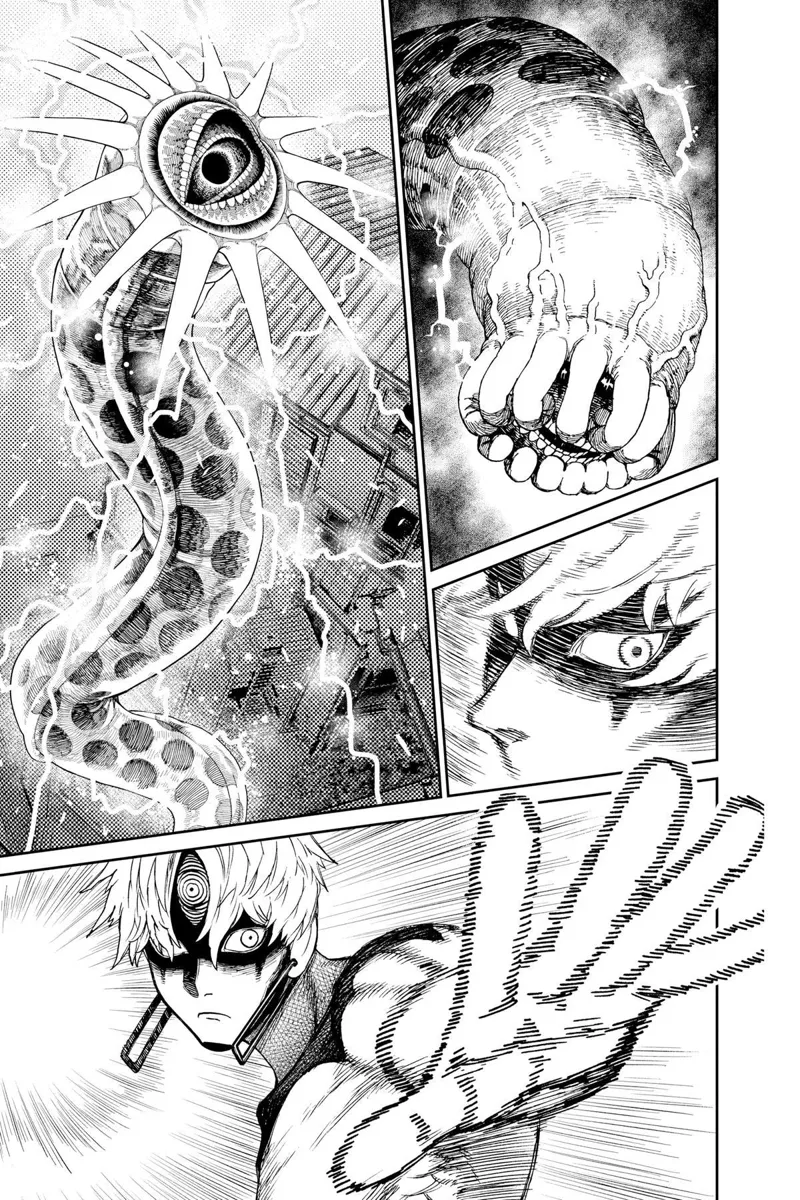 The huge Kuragari recovers and unleashes lightning from its body. Jiji notices it and extends his arm.