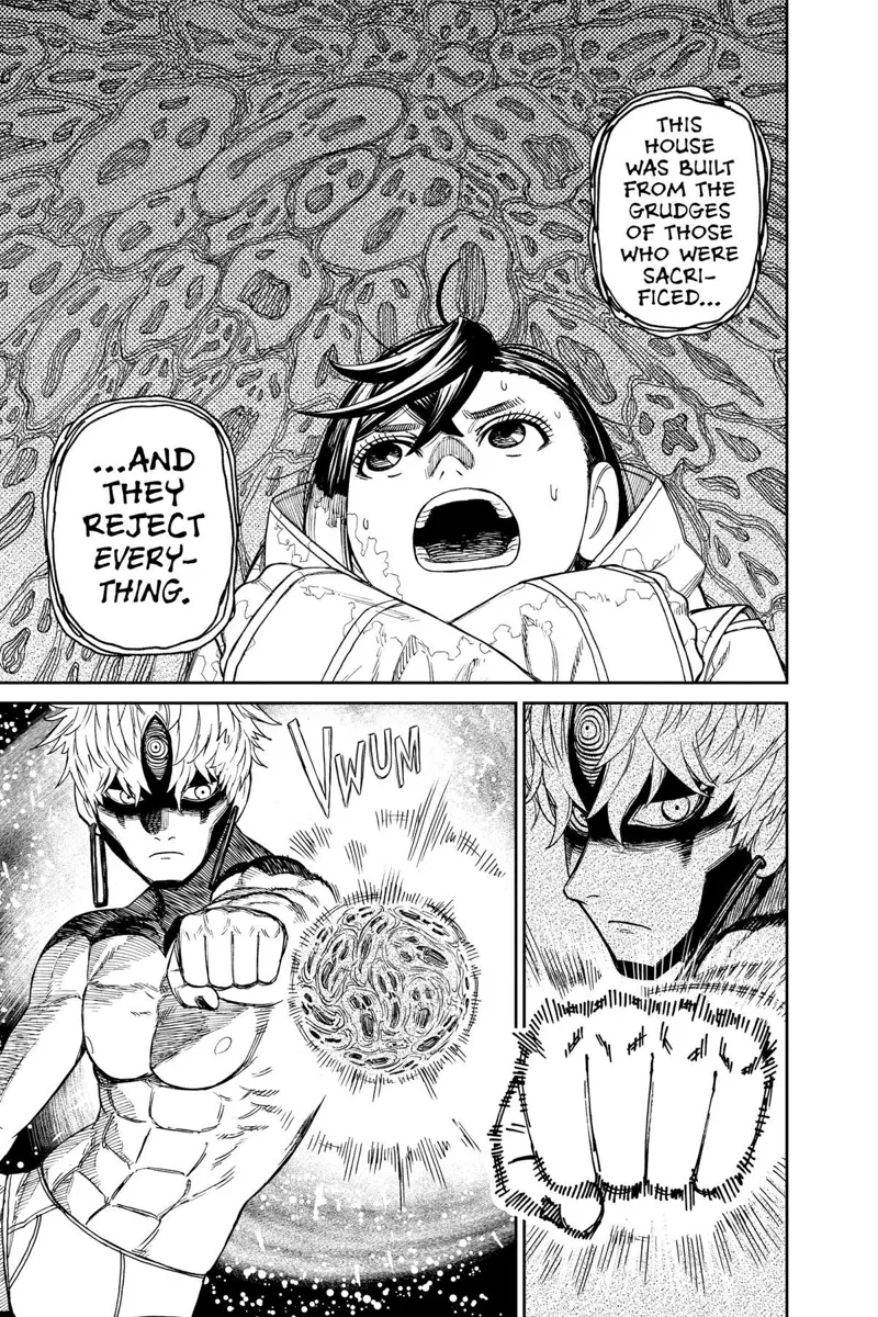 Momo looks up and sees ghost faces. Jiji clenches his fist and creates an energy ball with ghost faces.