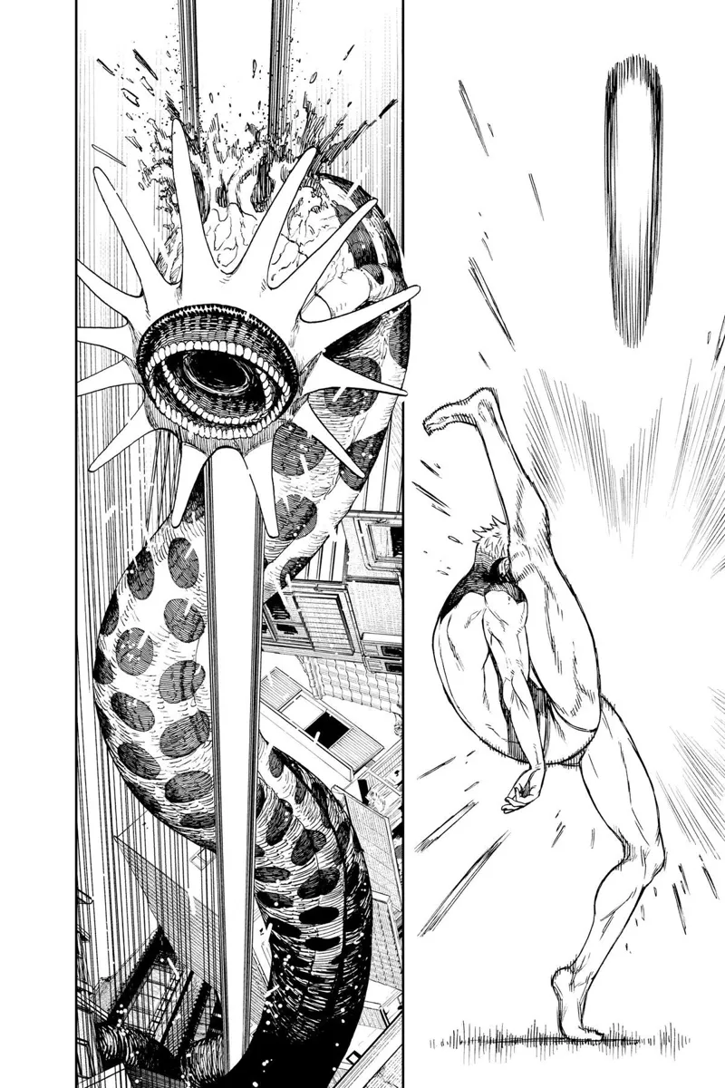 Jiji kicks the energy ball upwards and hits the giant monster snake, Kuragari.