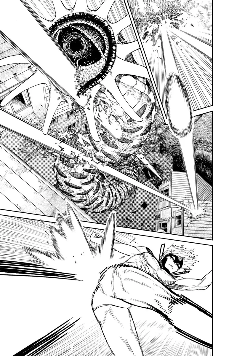 After hitting the ceiling, the ball bounces back downwards and hits the Kuragari again. Jiji kicks back the energy ball.