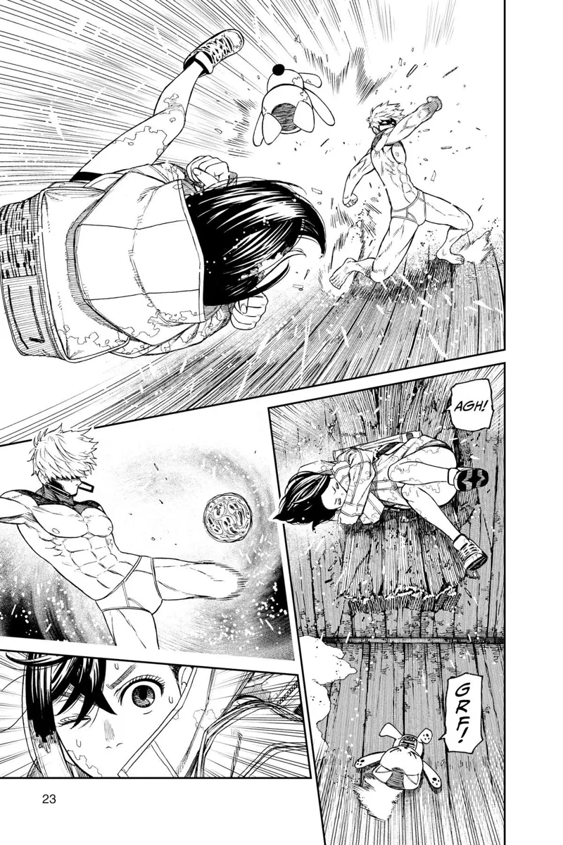 Jiji punches Momo, but she blocks and smashes to the wall. Jiji then prepares to kick another energy ball at Momo.