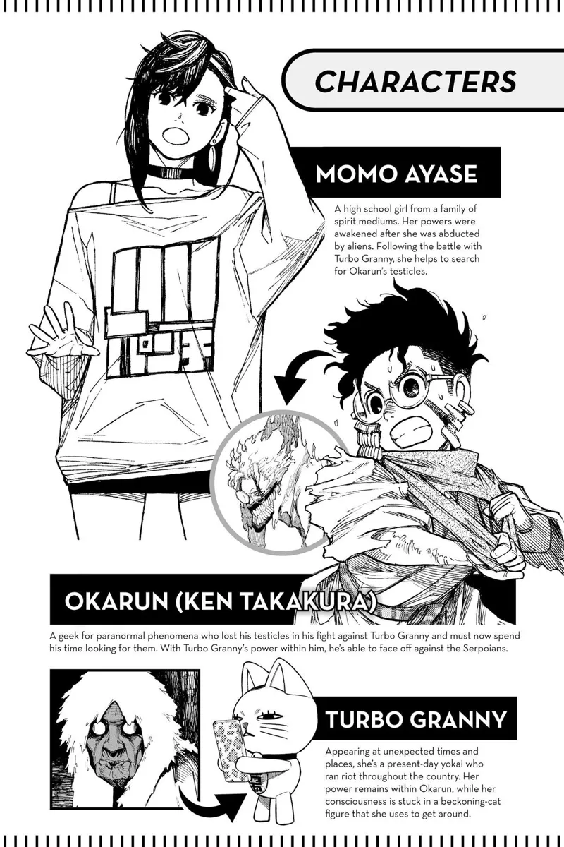 Character details of Momo Ayase, Okarun (Ken Takakura), and Turbo Granny whose possesing a cat.