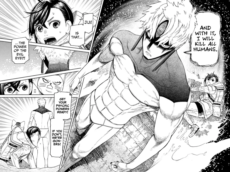 Momo falls to the ground while Jiji, possessed by the Evil Eye, walks past him. Turbo Grandma tells her to get ready.