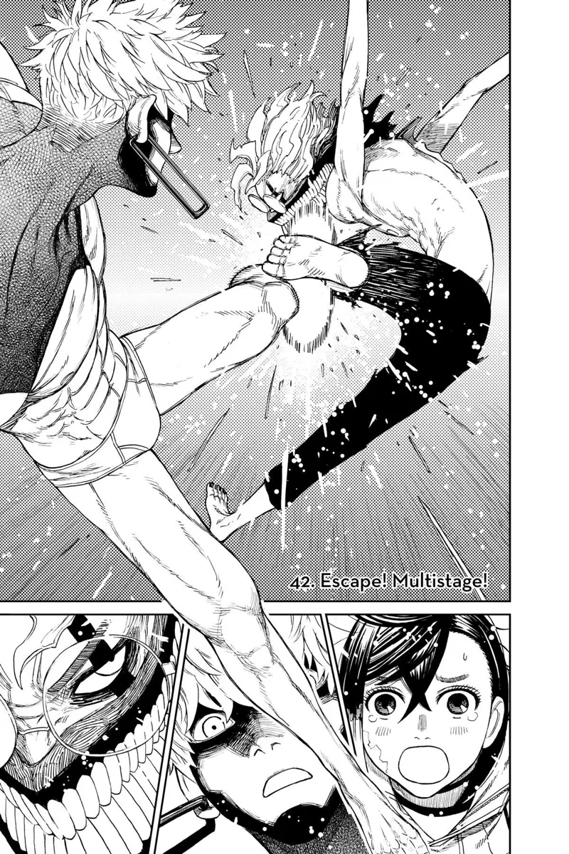 Okarun kicks Possessed Jiji's spirit ball before it leaves his foot. Momo, Jiji, and Okarun watches.