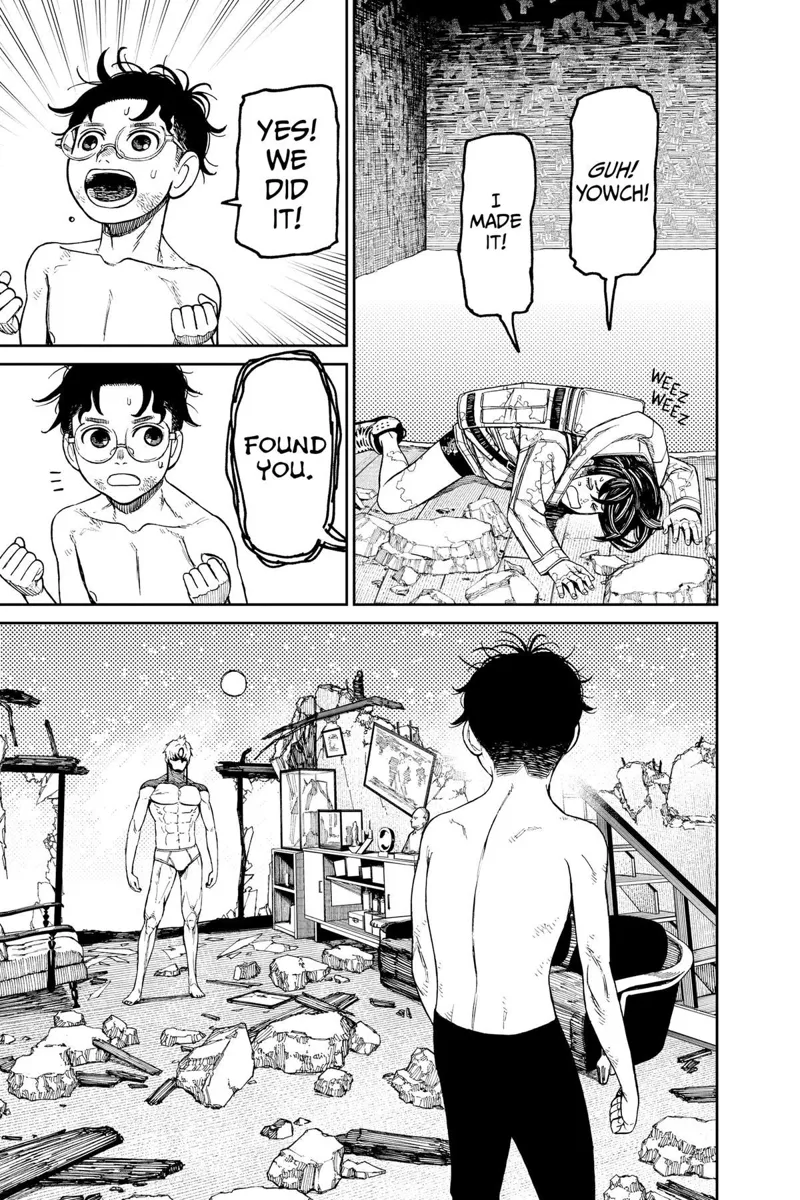 Momo crawls out of the hole. Okarun celebrates and sees Jiji standing.