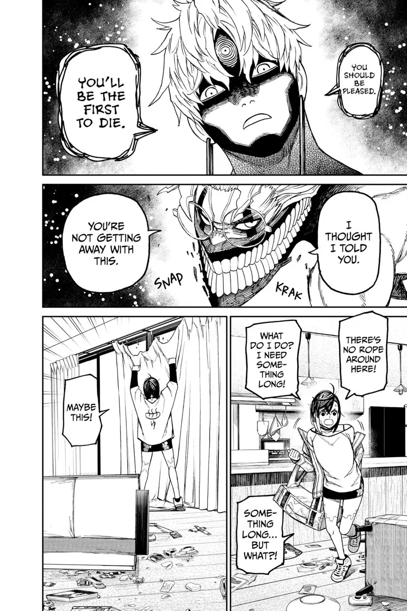 Cursed Jiji and Cursed Okarun faces. Momo takes out the curtain of the house.