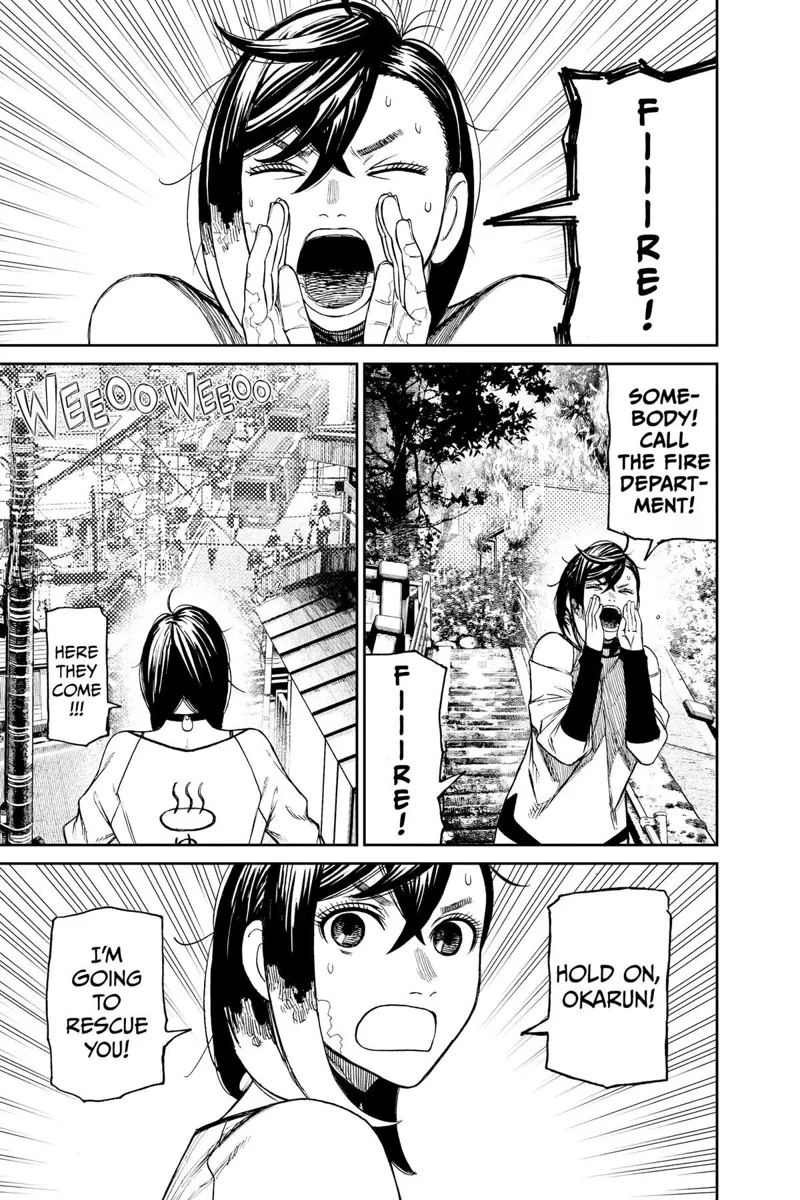 Momo calls for help about the fire and sees people coming from a distance.