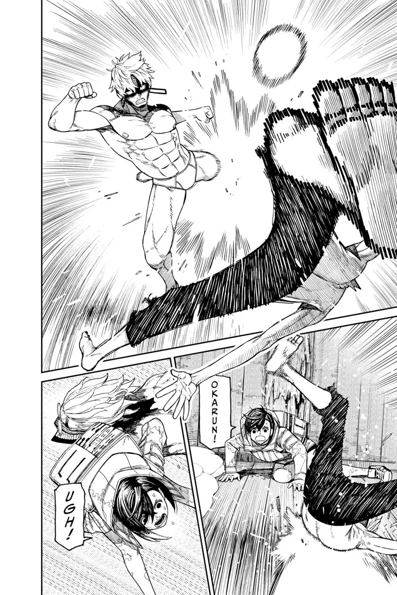 Okarun gets overpowered by Jiji's kick and smashes near Momo. He grabs Momo quickly.