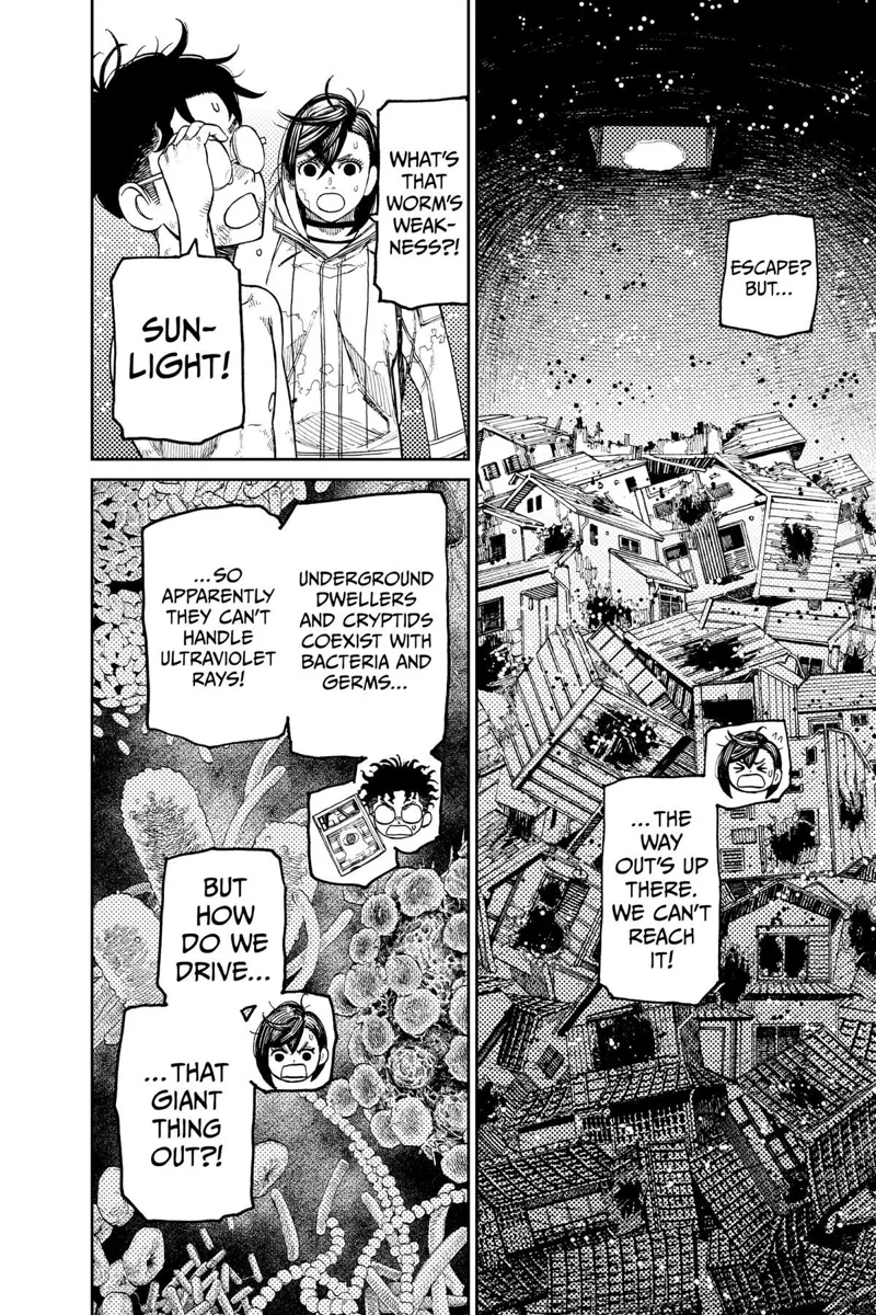 Momo and Okarun watch the escape hole above while the house inside the worm's nest is destroyed.