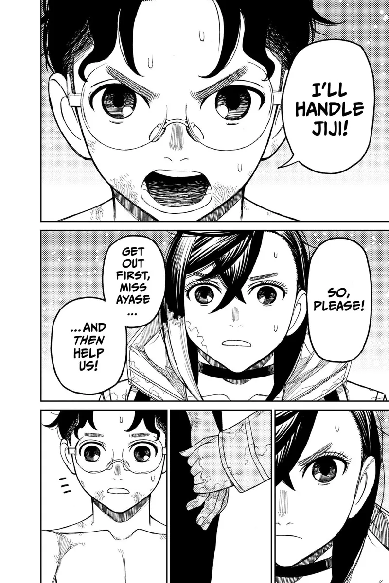 Momo sits on a chair with Momo underneath it, ready to launch her by kicking the chair upwards.