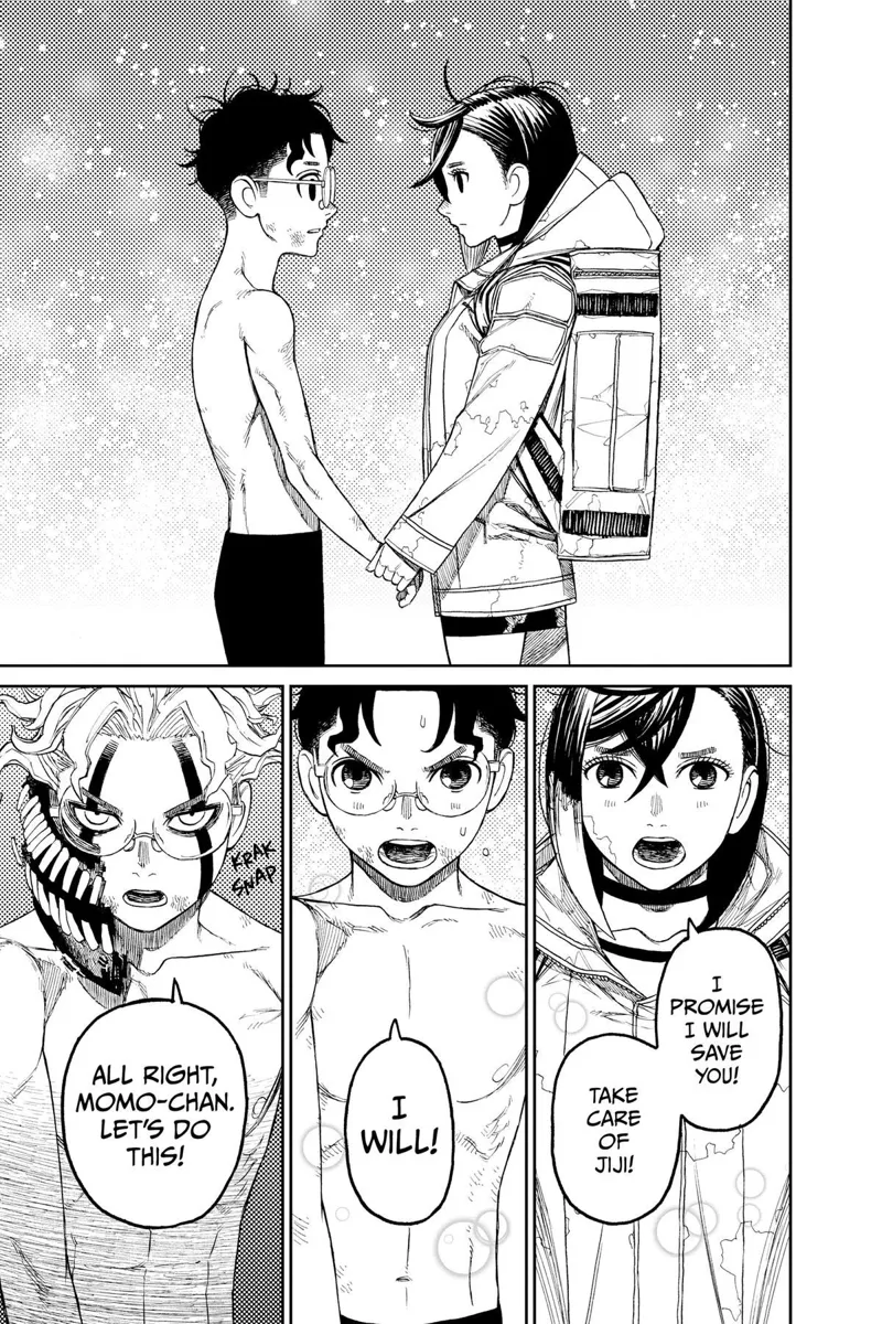 Okarun seriously tells Momo to escape as he will be handling Jiji. Momo holds Okarun's hand.