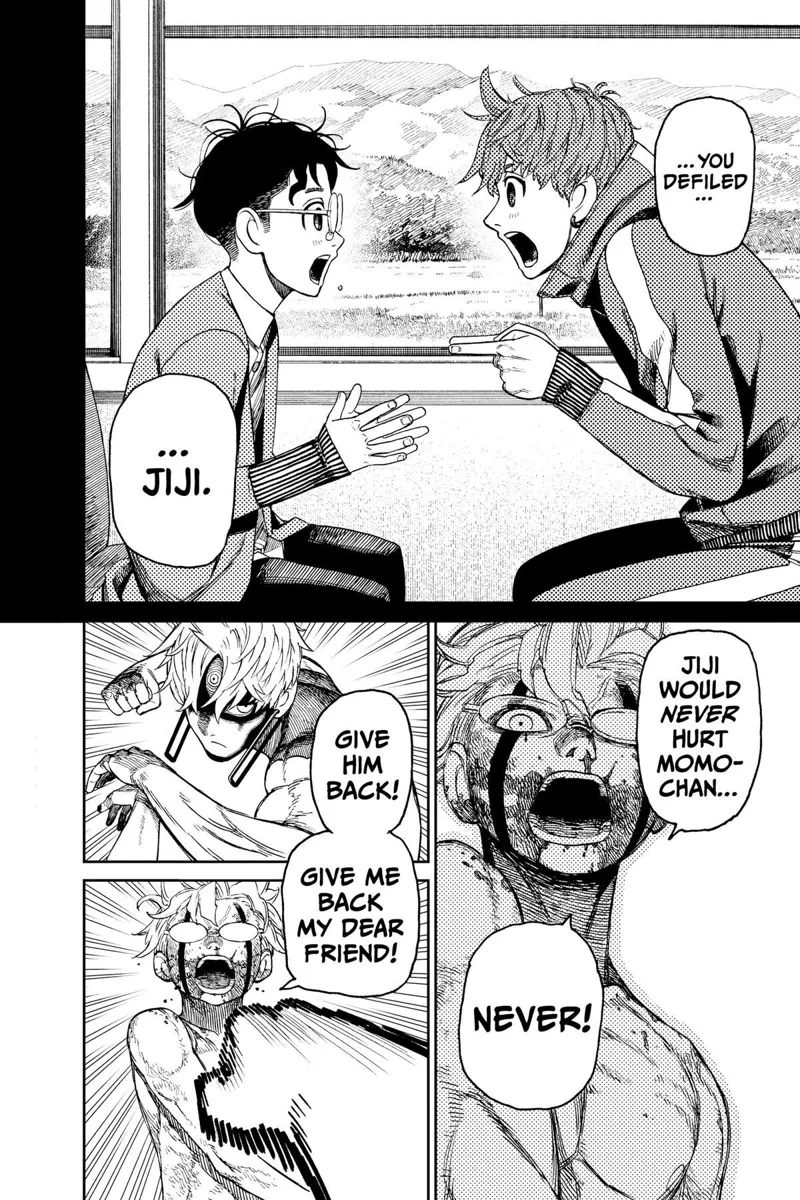 Okarun recalls talking with Jiji on the train. Jiji throws a punch at Okarun.