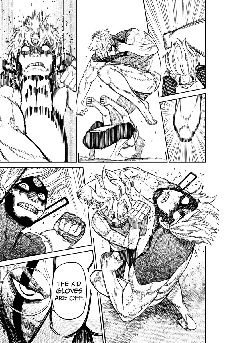 Okarun ducks and throws a double uppercut, hitting Jiji on his chin.