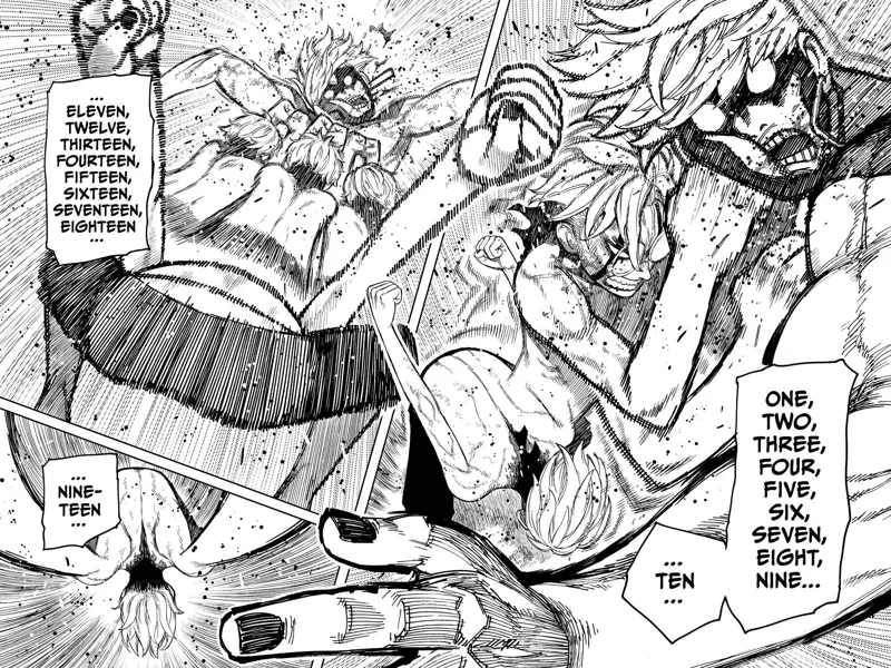 Okarun squats back and throws eighteen consecutive double uppercuts at cursed Jiji's face.