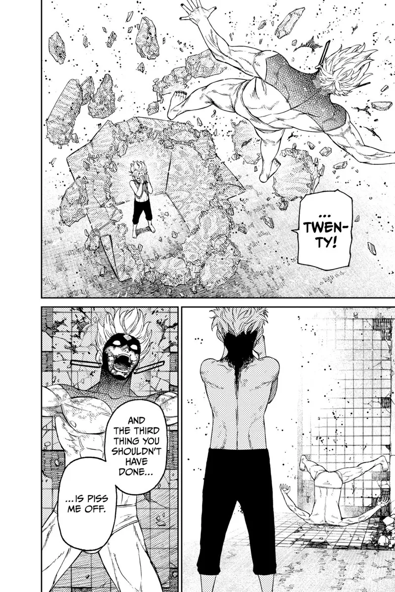 Jiji gets thrown away upwards and breaks the cursed house. He drops to the floor unconscious.