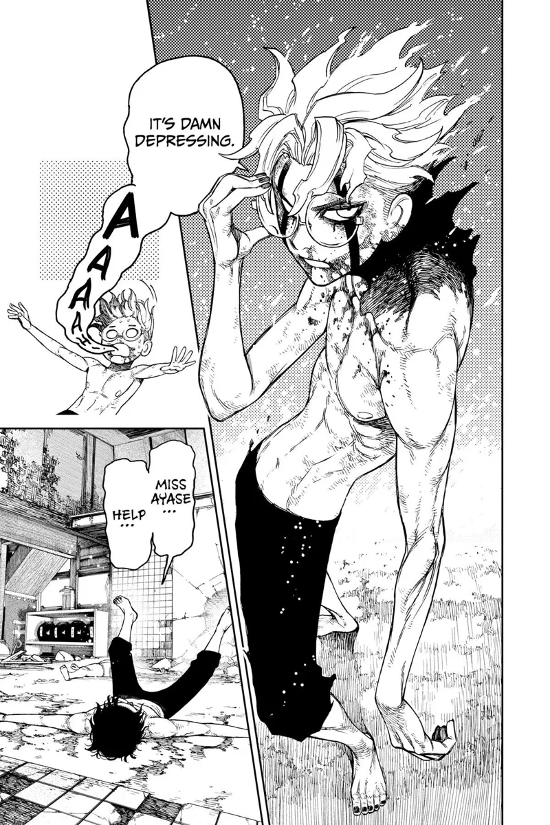 Okarun makes a cool posture but suddenly collapses. He calls for Momo's help.