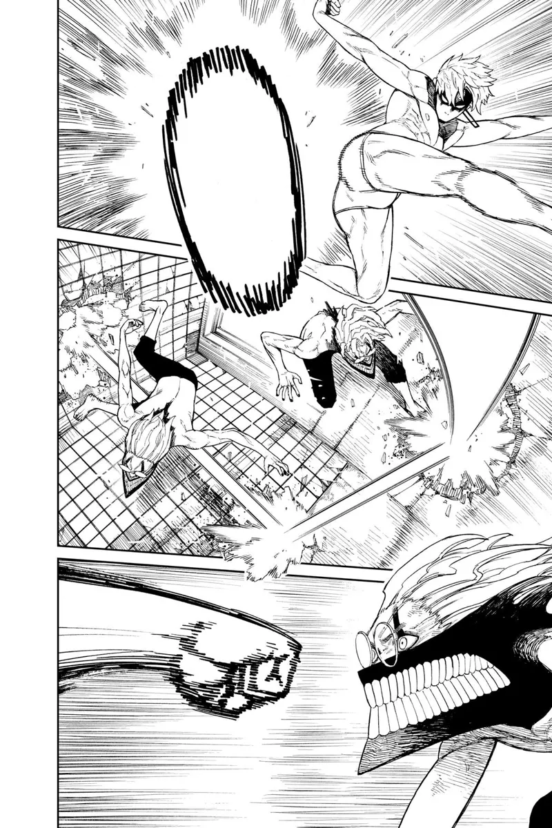 Jiji kicks a spirit ball, but Okarun dodges. A punch approaches Okarun's face.