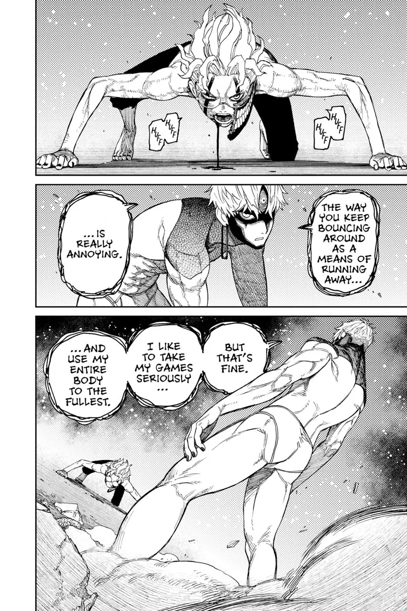 Okarun crouches to the floor while blood spills from his mouth. Jiji stands in front of him.