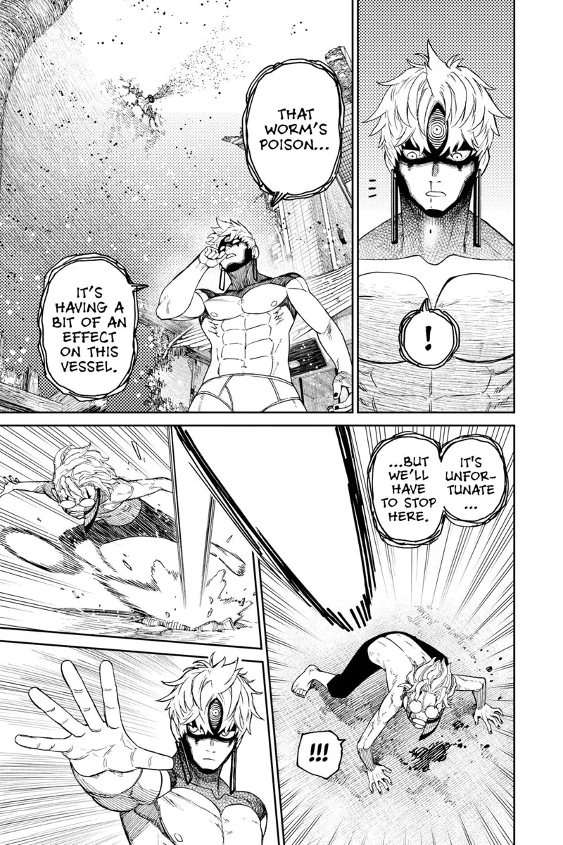 Jiji's nose bleeds. He looks up and sees the worm spewing out poison. Jiji attacks Okarun, who dodges.