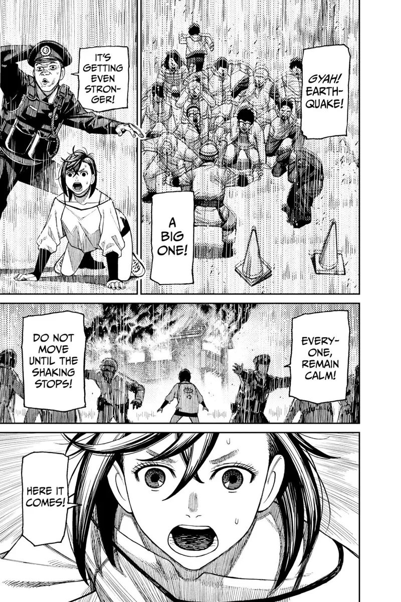 The firemen and the civilians are panicking about the quake. Momo watches the flames and prepares.