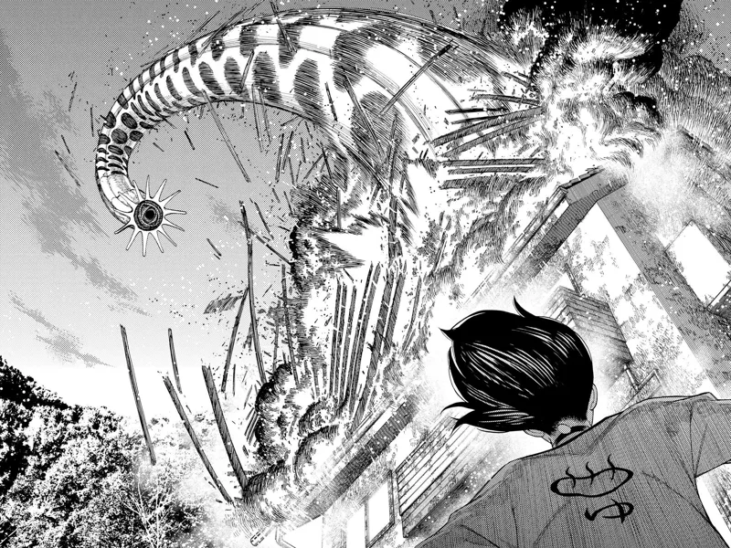 The huge Kuragari Mongolian Death Worm comes out from the burning house. Momo watches the towering monster.