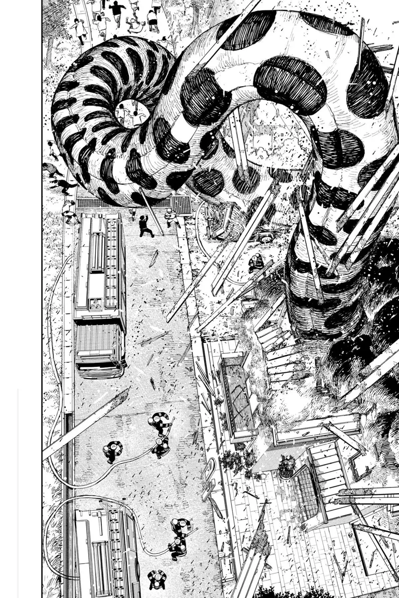 The people run and panic after seeing the huge worm monster destroy the house.