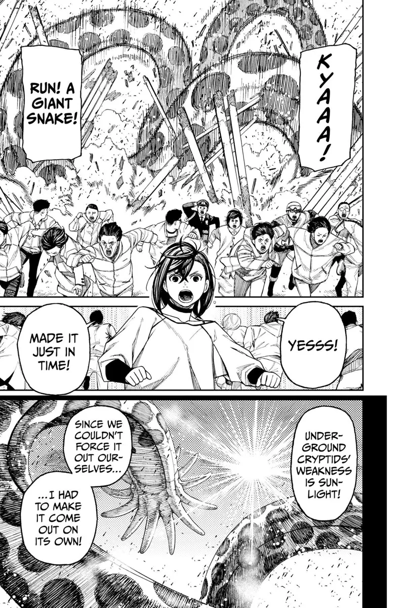 The civilians run as the underground cryptid destroys the houses as they face the sun.