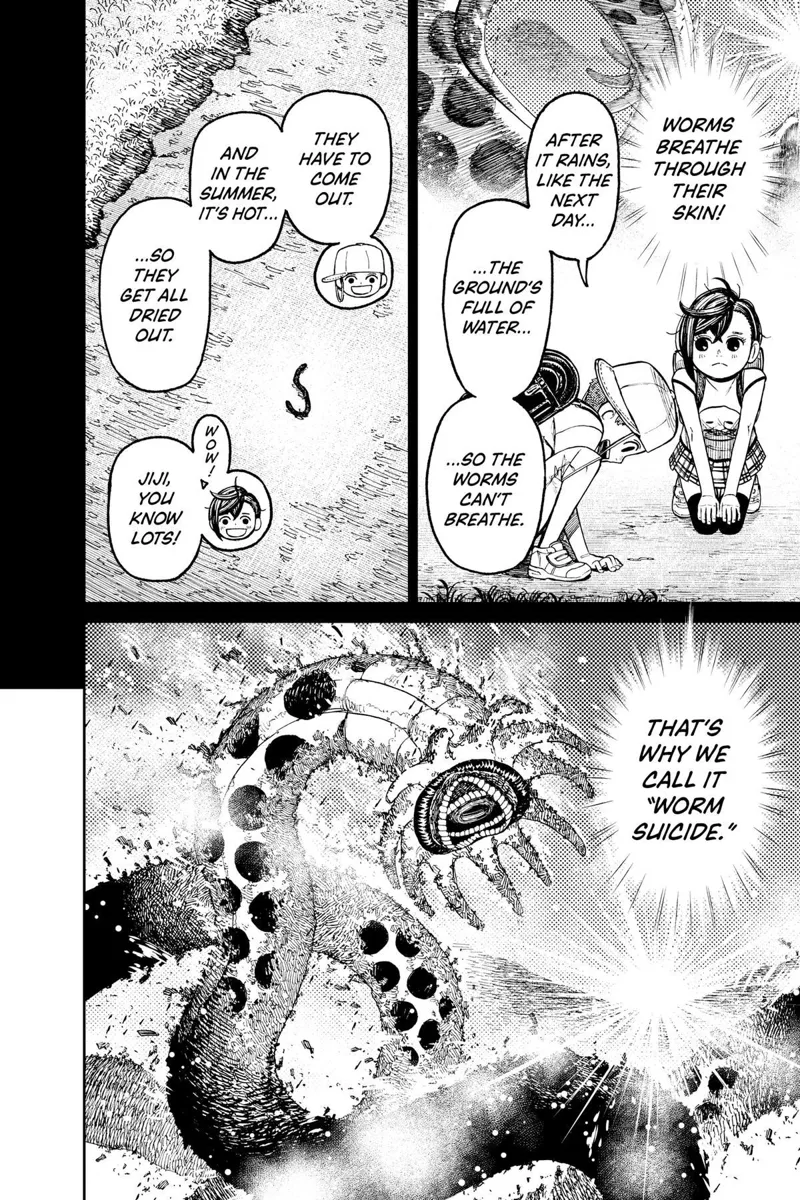 Young Momo listens to young Jiji, who explains about worms when they were kids. The giant Death Worm starts burning.