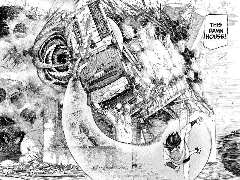 Momo throws the huge house using the fire truck.