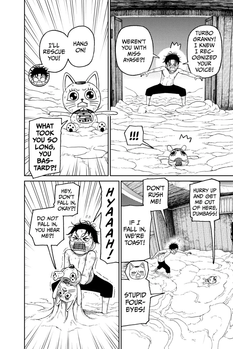 Okarun finds Turbo Granny and picks him up from the sticky, slimy ground.