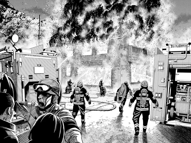 Firemen arrive outside to extinguish the burning house.