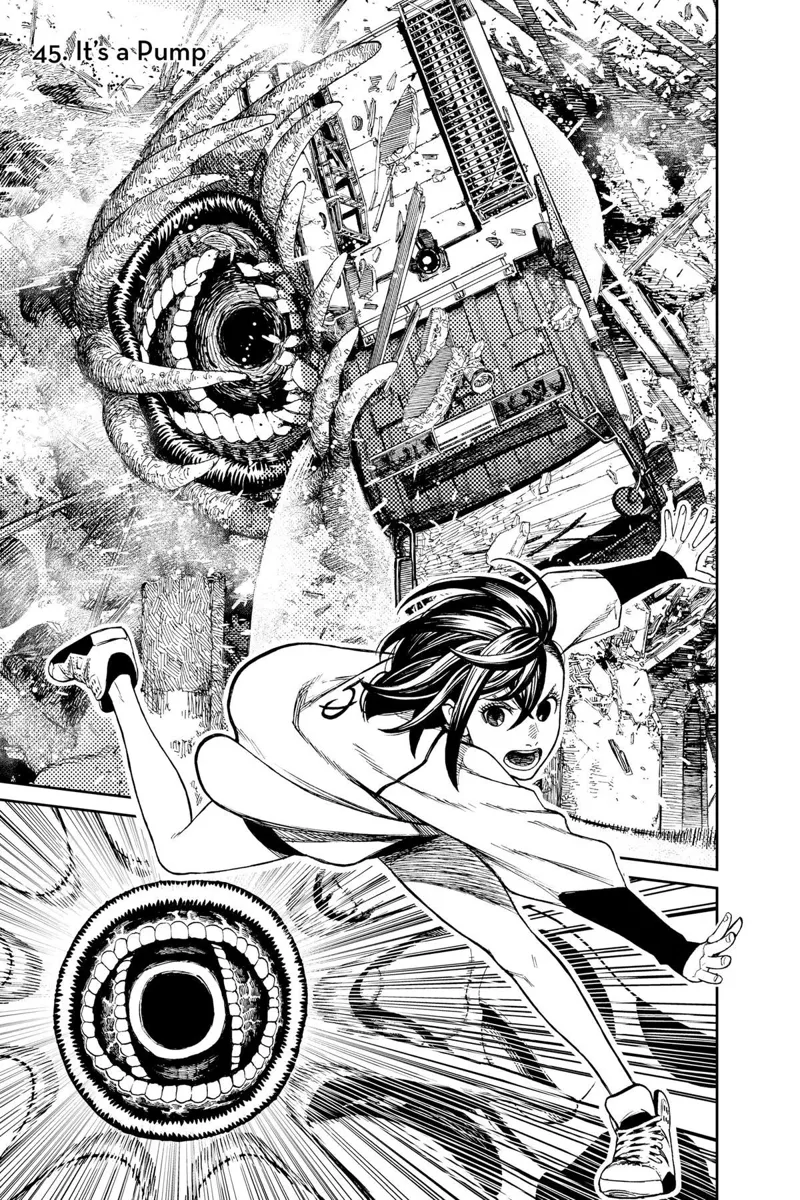 Momo destroys the house and hits the Mongolian Death Worm after throwing the fire truck at them.