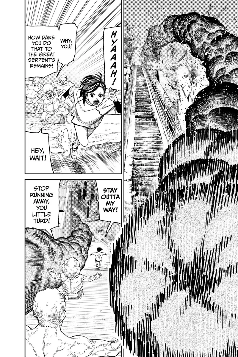 Momo runs and carries the giant worm. The Kito family chases her.