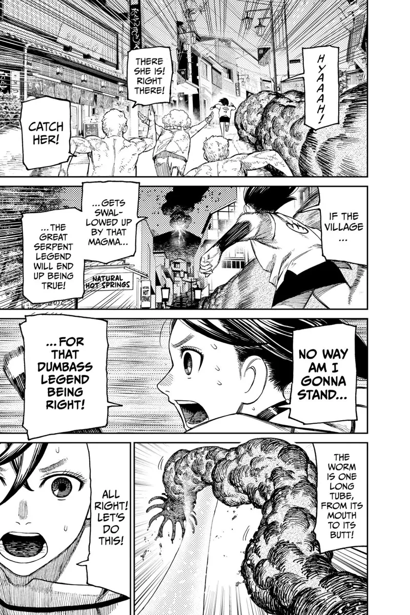 Momo runs through the city and to the volcano, carrying the other end of the worm. The Kito family keeps chasing her.